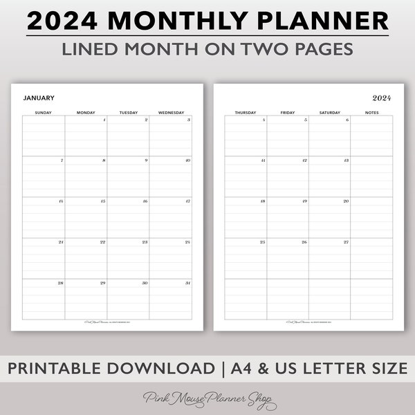 2024 Lined Monthly Printable Planner Inserts, Month on 2 Pages, Full Size Calendar Template, Printable Monthly Calendar, Two Page Month