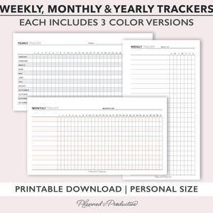 Druckbare Tracker Bundle Planereinlage, Wochen-Tracker-Seite, Monatliche Tracker-Blatt, Jährliche Ziel-oder Gewohnheit-Tracker für die persönliche Größe