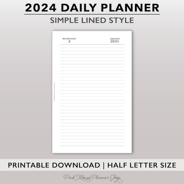 2024 Lined Daily Planner Inserts, Simple Dated Daily Journal, One Day per Page Printable Planner, Minimal Half Size Daily Agenda Refill PDF