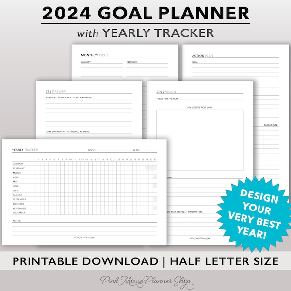 2024 Goal Planning Inserts for Half Letter size Ring or Discbound Planners, Printable New Years Goal Setting Bundle with Yearly Tracker PDF