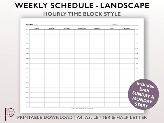 Undated Weekly Schedule Printable Time Block Planner Insert Etsy Canada