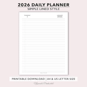 2026 Lined Daily Planner Inserts, Simple Dated Daily Journal, One Day per Page Printable Planner, Minimal Letter Size Daily Agenda Refill