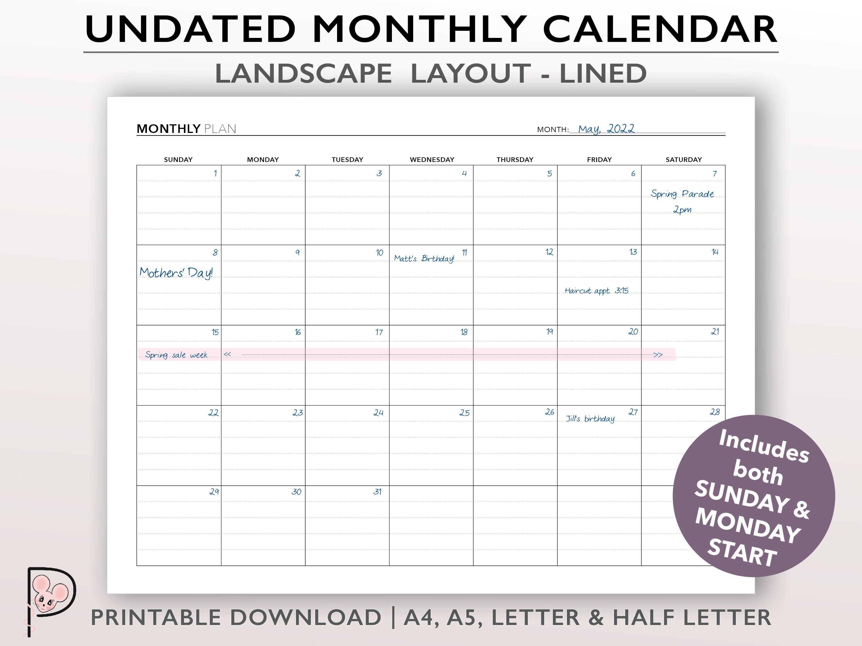 undated lined monthly calendar printable month on one page etsy