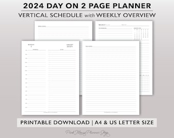 2024 Two Page per Day Daily Planner Printable w/ Weekly Dashboard & Notes, Day on 2 Page Planner Insert, Do2P Dated Daily Planner PDF