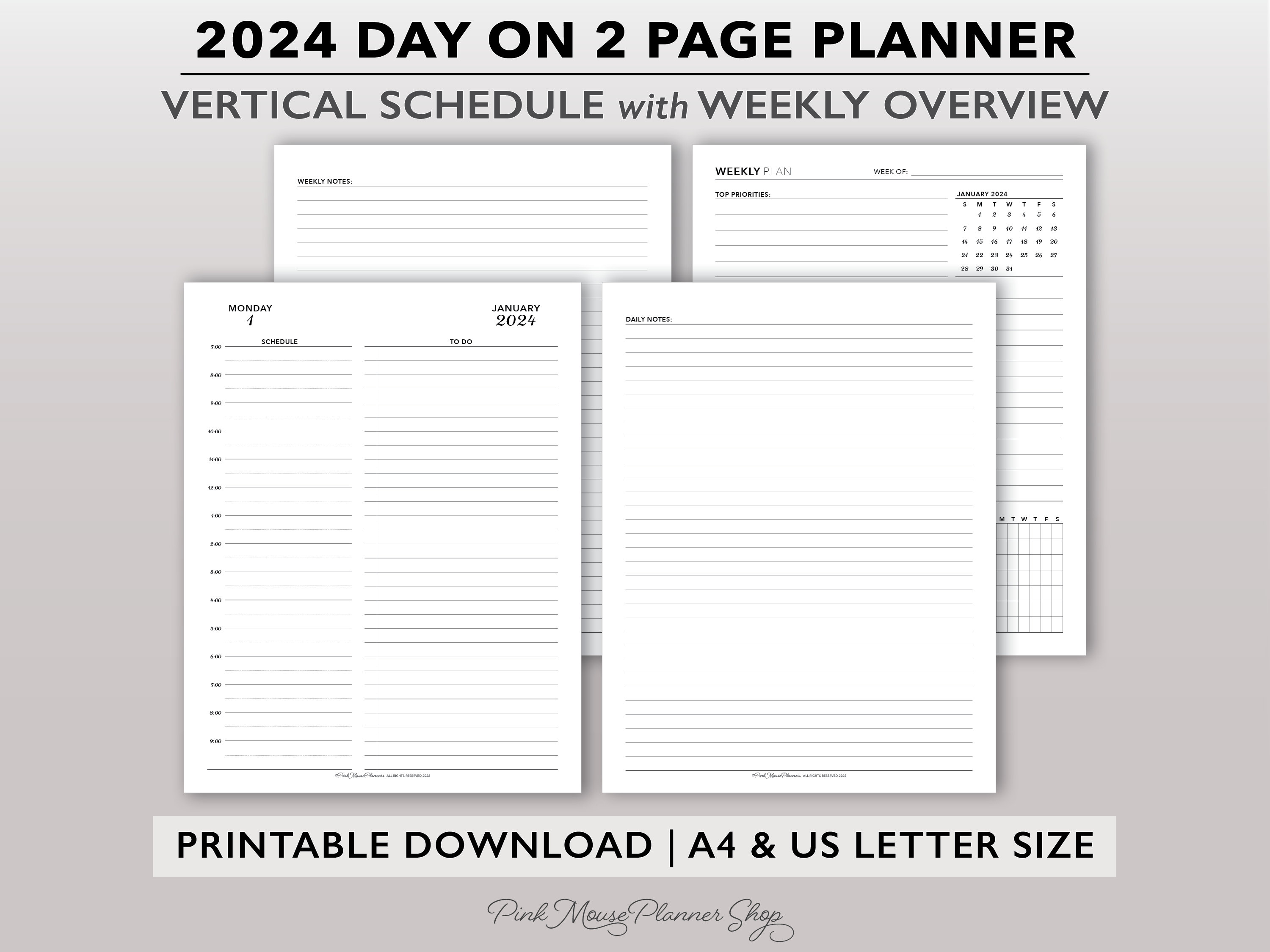 Agenda quotidien 2024 2 pages par jour imprimable avec tableau de bord et  notes hebdomadaires, insert d'agenda 2 pages jour par jour, agenda  quotidien daté Do2P PDF -  Canada