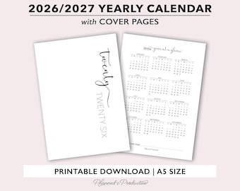 2026 | 2027 Jahreskalender & Cover Seite für A5 Planer zum Ausdrucken, Sonntag und Montag Start