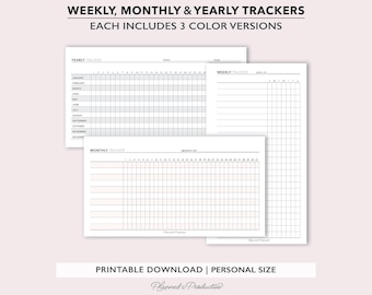 Tracker Bundle with Weekly, Monthly, and Yearly Pages, Printable Planner Insert, PDF files for Personal Size planners, Digital Download