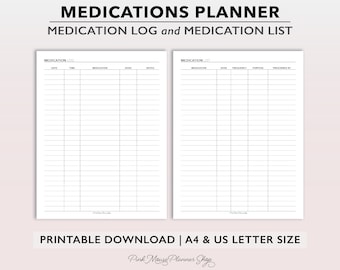 Printable Medication Log, Medication List Template, A4 | Letter Size Meds List Sheet, Medications Log, Medication Given Tracker Page PDF