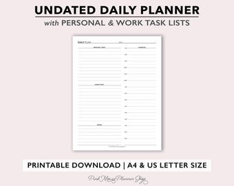 May include: A printable daily planner with sections for personal tasks, work tasks, and notes. The planner is undated and includes a schedule section. The planner is available in A4 and US letter sizes.