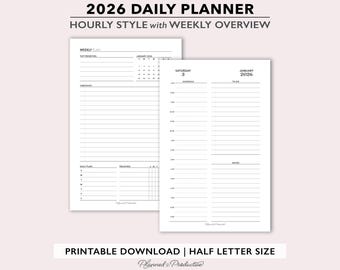 2026 Daily Vertical Timed Planner Inserts w/ Weekly Overview, Day per Page Printable Planner, Hourly Appointment Schedule Planner Template