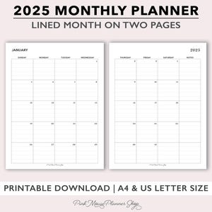 2025 Inserciones de planificador imprimible mensual forrado, mes en 2 páginas, plantilla de calendario de tamaño completo, calendario mensual imprimible, dos páginas mensuales