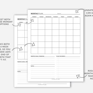 May include: Two printable monthly planner pages with a black and white grid layout. The pages include sections for monthly goals, priorities, to-do list, and notes. The planner is undated, so it can be used again and again.
