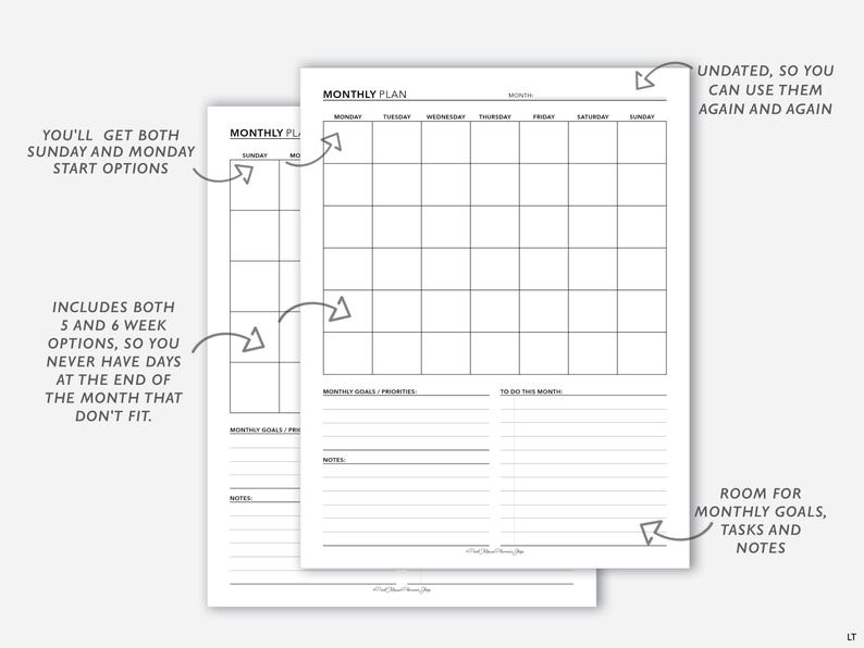 May include: Two printable monthly planner pages with a black and white grid layout. The pages include sections for monthly goals, priorities, to-do list, and notes. The planner is undated, so it can be used again and again.