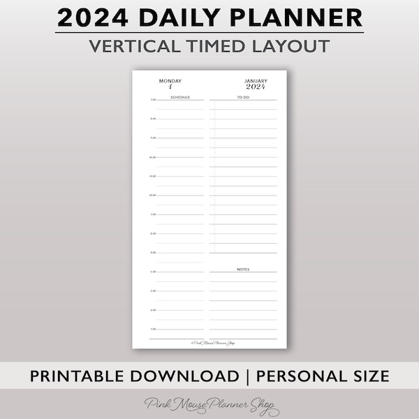 2024 Daily Planner Inserts with a Vertical Timed Schedule, One Day per Page Hourly Schedule, Personal Size Appointment Schedule Template PDF