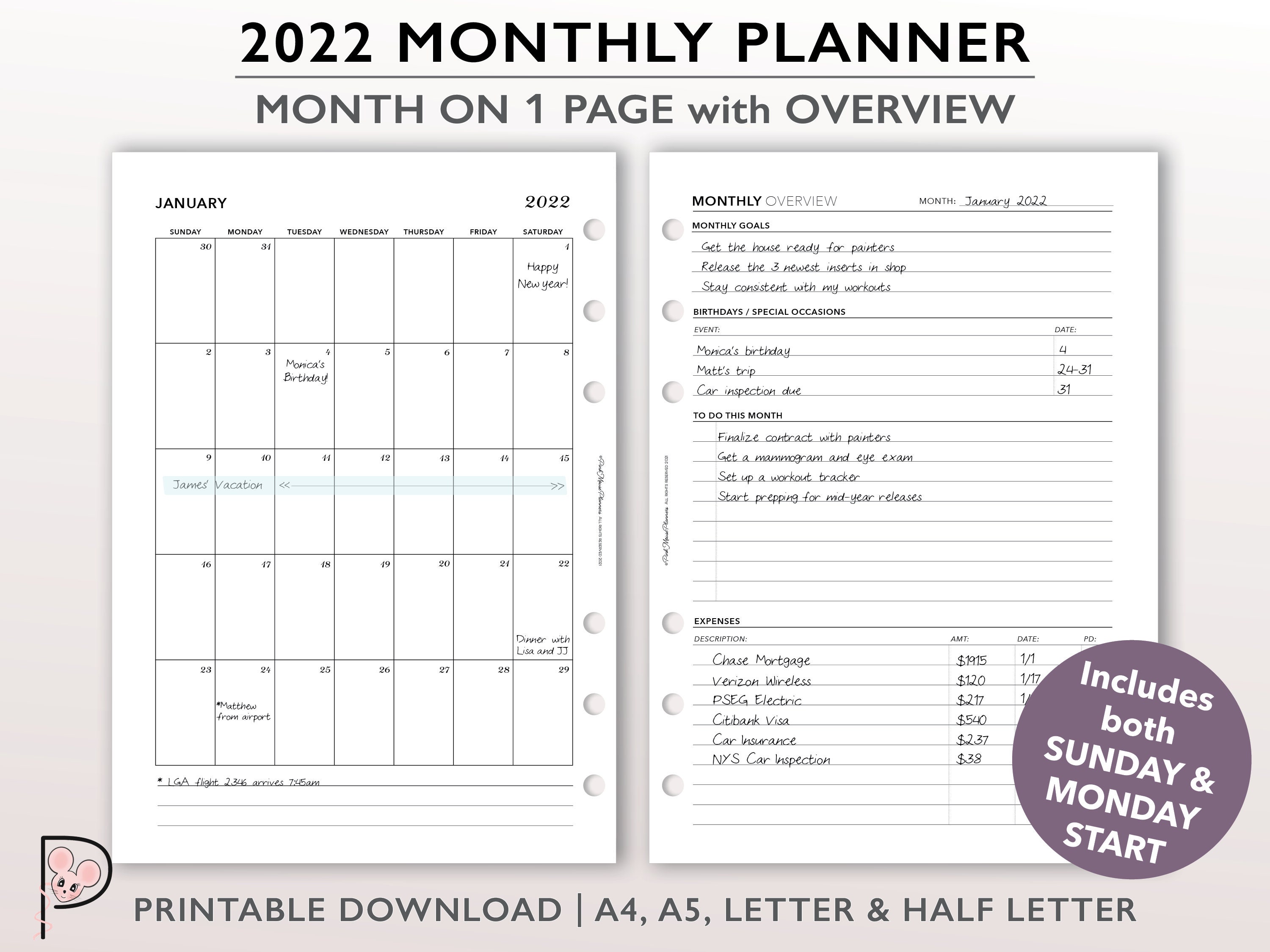 2022 monthly planner printable month on one page insert etsy australia