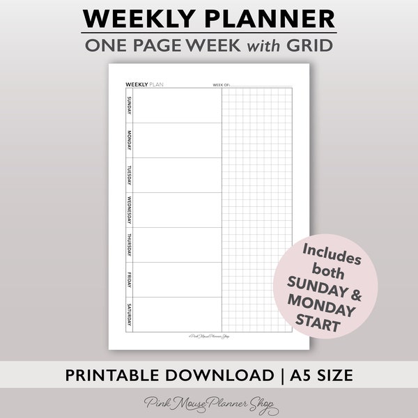 Weekly Planner Printable for A5 Planners, Week on One Page Planner Template, Simple 1 Page Weekly Agenda, Minimalist A5 Planner Insert PDF