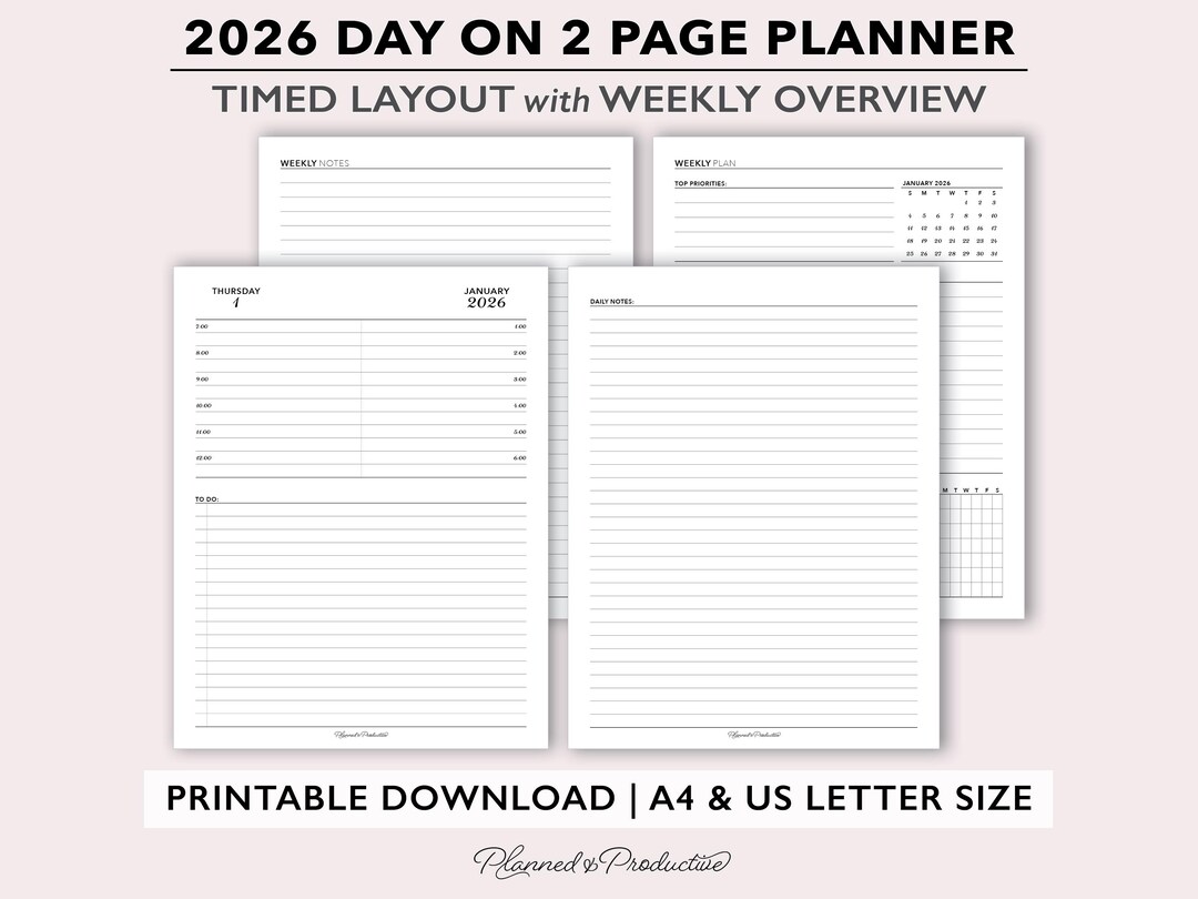 2026 Two Page per Day Daily Planner Printable W/ Weekly Dashboard ...