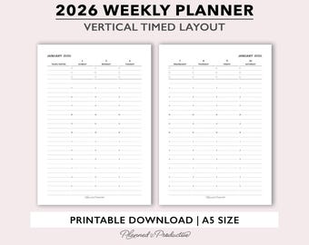 2026 Vertical Weekly Planner Printable, Timed Weekly Planner Insert, Week on 2 Page Planner Template, Hourly Weekly Schedule for A5 Planners