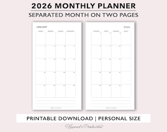 2026 Printable Monthly Planner Inserts, Monthly Calendar Template, Two Page Monthly Insert for Personal Size Planners, Month on Two Pages