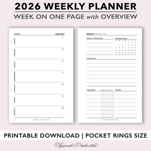 May include: A printable 2026 weekly planner with a week-on-one-page layout. The planner includes sections for goals, a checklist, and tracking. The design is simple, with a white background and black text. The planner is designed for pocket rings.