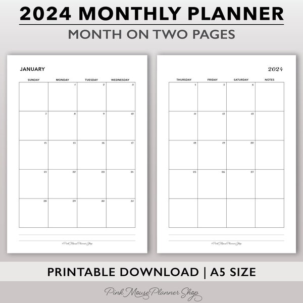 2024 Monthly Printable Planner Inserts, Month on 2 Pages Calendar Template, Printable Two Page Monthly Calendar Refill for A5 Planners