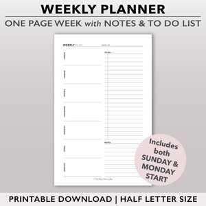 Weekly Planner Insert, Week on One Page, Printable Planner Page, Productivity Planner, Undated Weekly Agenda, Weekly Appointment Book Refill