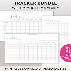 Könnte beinhalten: Ein Bundle aus druckbaren Trackern für die Wochen-, Monats- und Jahresplanung. Die Designs umfassen einen Jahrestracker mit monatlichen Zeilen, einen Monatstracker mit nummerierten Tagen und einen Wochentracker mit Wochentagen. Der Text "Track All The Things!" befindet sich auf einem rosa Kreis.