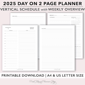 Planificador diario de dos páginas por día 2025 imprimible con descripción general semanal y notas, inserto de planificador de día en 2 páginas, PDF de planificador diario con fecha Do2P