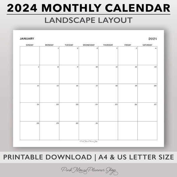 Planificateur mensuel imprimable encarts paysage 2024, modèle de calendrier mensuel imprimable pleine taille, mois sur une page au format Lettre US et A4