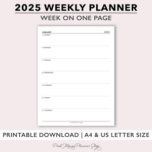Planificador semanal 2025 imprimible, agenda con fecha semanal en una página para tamaño A4 y carta, inserto de horario semanal horizontal para discos o anillos grandes