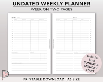Weekly Planner Printable, Hourly Planner Insert, 2 Page Vertical Weekly Schedule, Weekly Time Block Planner Page, Week on Two Pages Agenda