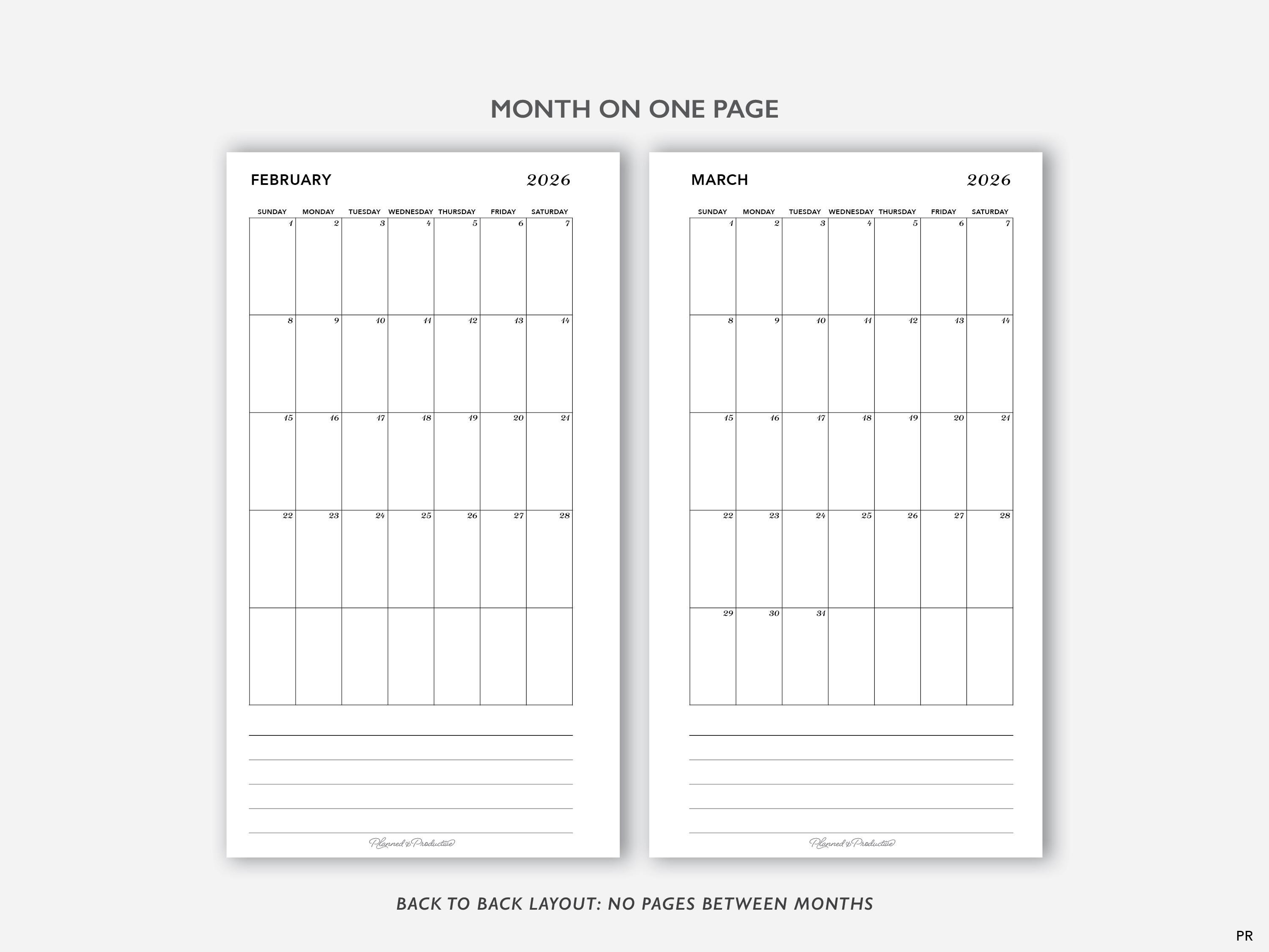 2026 Monthly Printable Planner Inserts, Personal Size Month on One Page ...