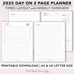 2025 Planificador diario de dos páginas por día imprimible con panel y notas semanales, inserto de planificador de día en 2 páginas, planificador con fecha Do2P de tamaño carta completo