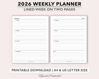 2026 Lined Weekly Planner Printable, Two page Weekly Planner Template, Weekly Calendar for Letter Paper, A4 Minimalist Week on 2 Page Agenda