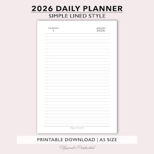 2026 Lined Daily Planner Inserts, Simple Dated Daily Journal, One Day per Page Printable Planner, Minimal A5 Size Daily Agenda Refill