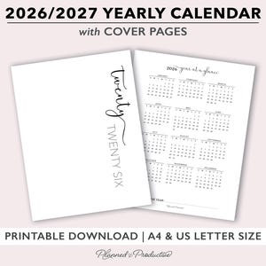 Calendario anual 2026/2027 con portada imprimible para planificadores tamaño A4 o carta (EE. UU.), calendario anual con plantilla de panel de control anual.