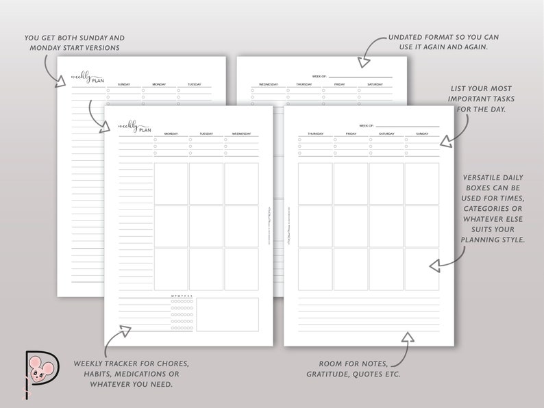 Undated Weekly Planner Printable, Vertical Week on 2 Page Layout, WO2P ...