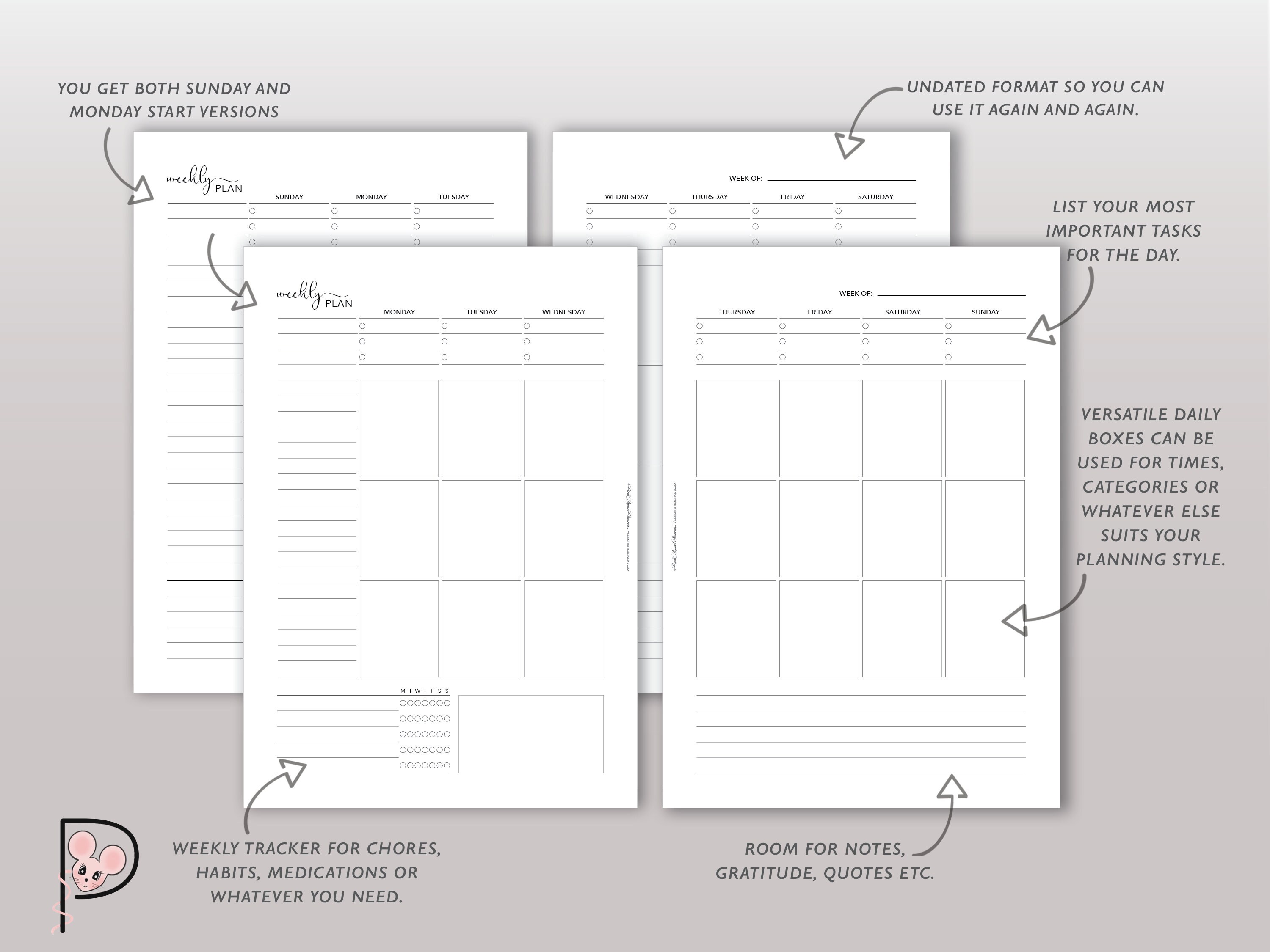 Undated Weekly Planner Printable, Vertical Week on 2 Page Layout, WO2P ...