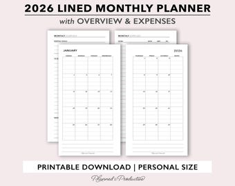 Plantillas imprimibles para agenda mensual con renglones de 2026, mes en 2 páginas con resumen y registro de gastos, plantilla de calendario personal de dos páginas en PDF.