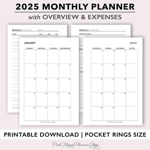 2025 Monthly Planner Printable, Month on 2 Pages w/ Overview & Expenses, Small Monthly Calendar Template for Pocket Rings Size Planners