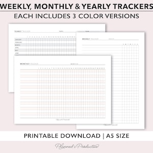 Printable Tracker Bundle Planner Insert, Weekly Tracker Page, Monthly Tracker Sheet, Yearly Tracker, Goal or Habit Tracker for A5 Planners