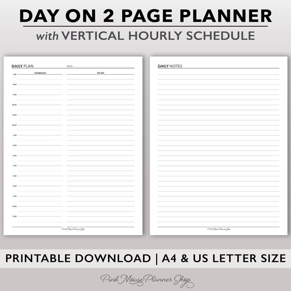 Two Page per Day Daily Planner Printable, Letter size Day on 2 Page Planner Insert, Undated Daily Planner Template, Appointment Schedule PDF