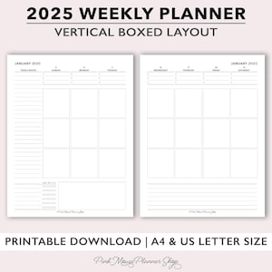 Planejador semanal vertical de 2025 para impressão, modelo de planejador de 2025, grande semana em inserção de planejador de 2 páginas para encadernação de disco carta e A4 ou fichários.