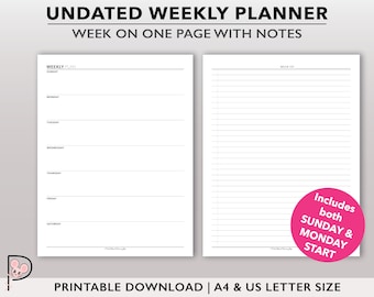 Undated Weekly Planner Printable, 2 Page per Week, WO2P Weekly Appointment Planner, Weekly Agenda Planner Page, Downloadable Planner PDF