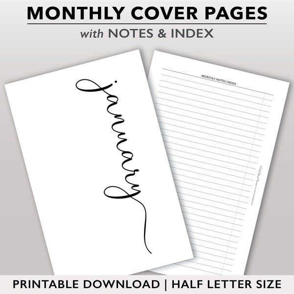 Monthly Cover Pages Printable. Monthly Dashboard Insert, Monthly Index Notes, Planner Dashboard Insert, Script Monthly Planner Insert PDF