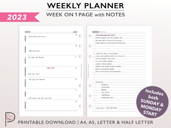 2023 Weekly Planner Printable Dated Weekly Insert Weekly - Etsy