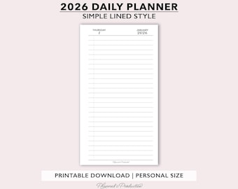 2026 Lined Daily Planner Inserts, Simple Dated Daily Journal, One Day per Page Printable Planner, Minimal Personal Size Daily Agenda Refill
