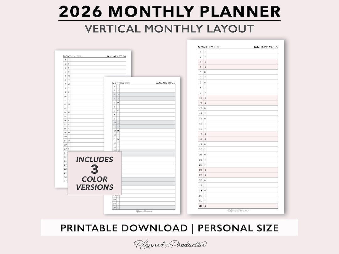 2026 Vertical Monthly Printable Planner Inserts, Vertical Calendar Page ...