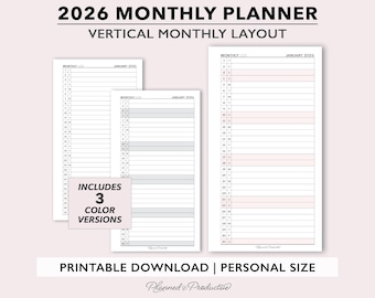 2026 Vertical Monthly Printable Planner Inserts, Vertical Calendar Page, Dated Monthly Log Columns,  Personal Size Monthly Calendar Template