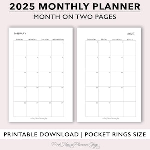 2025 Monthly Planner Insert Printable, Month on 2 Pages Calendar Refill for Pocket Rings, Two Page Monthly Pocket Size Planner Template PDF